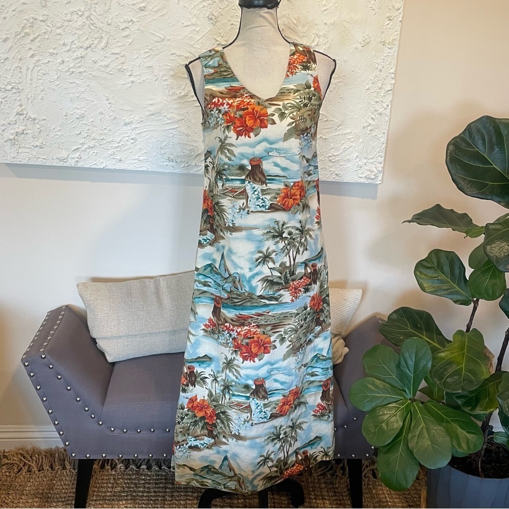 Hilo Hattie Hawaiian Midi Dress Women Sleeveless Island Beach Cotton Floral Sz S
